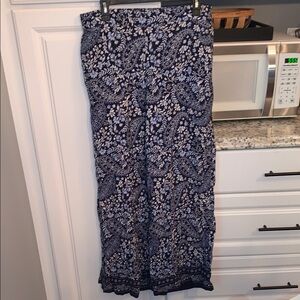 LOFT Blue White Floral Wide Leg Flowy Pants Elastic Waist Size L